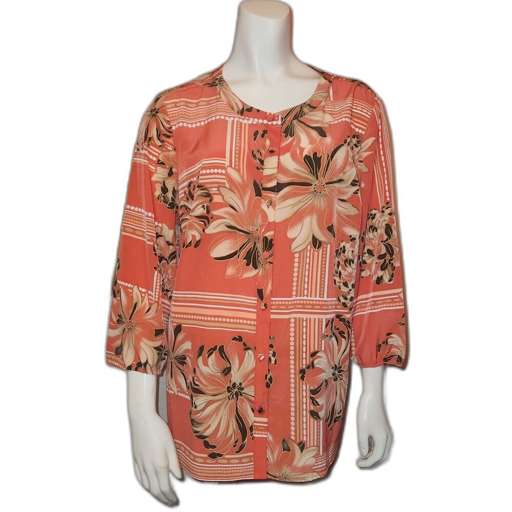 JM Collection Orange Floral Button Front Blouse Womens Size 14P